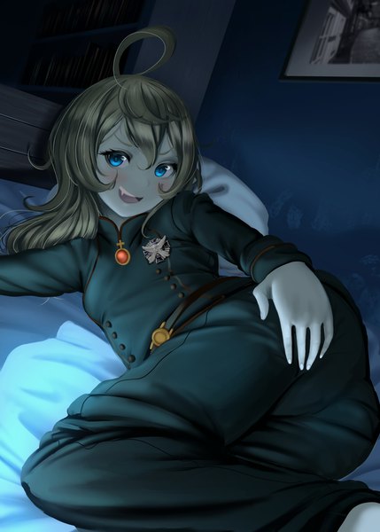 Anime picture 965x1351 with youjo senki tanya degurechaff dkoro single long hair tall image looking at viewer blush fringe open mouth blue eyes light erotic blonde hair smile hair between eyes payot ahoge bent knee (knees) ass indoors