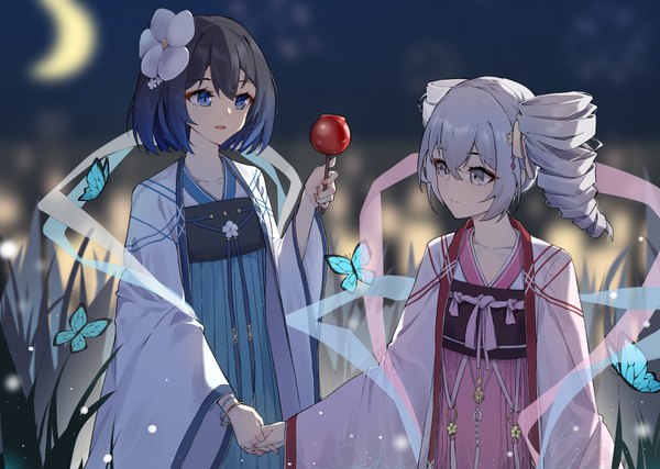 Anime picture 3392x2416 with benghuai xueyuan honkai (series) bronya zaychik seele vollerei kuo (kuo114514) fringe highres short hair open mouth blue eyes black hair hair between eyes standing twintails multiple girls holding payot absurdres silver hair traditional clothes