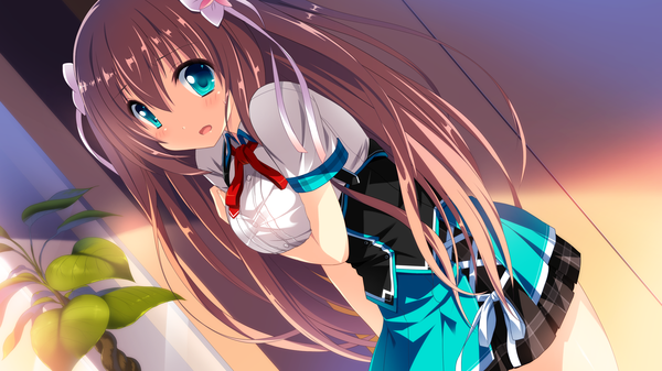 イラスト 2560x1440 と cocoro@function! hasugase mina 長髪 カメラ目線 赤面 highres 開いた口 青い目 茶色の髪 wide image game cg 女の子 制服 ちょう結び ヘア蝶結び 学生服