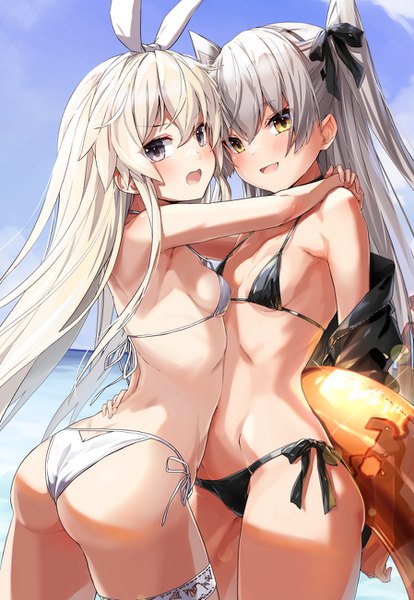 Anime picture 898x1300 with kantai collection shimakaze destroyer amatsukaze destroyer takanashi kei (hitsujikan) long hair tall image looking at viewer blush fringe open mouth light erotic smile hair between eyes standing multiple girls holding yellow eyes payot sky silver hair
