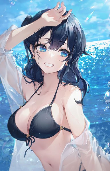 Anime picture 900x1400 with original ttosom single long hair tall image blush fringe breasts blue eyes light erotic smile hair between eyes large breasts looking away sky cloud (clouds) upper body outdoors head tilt arm up