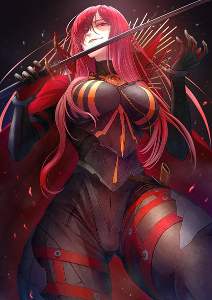 Anime picture 1062x1500 with fate (series) fate/grand order koha-ace oda nobunaga (fate) (all) oda nobunaga (maou avenger) (fate) imizu (nitro unknown) single long hair tall image looking at viewer fringe breasts light erotic smile red eyes large breasts standing holding red hair hair over one eye