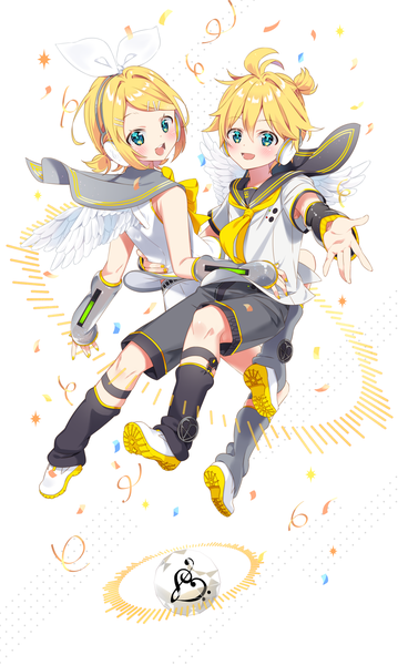 Anime picture 1141x1906 with vocaloid kagamine rin kagamine len kagamine rin (vocaloid4) kagamine len (vocaloid4) arami o 8 tall image looking at viewer blush short hair open mouth blue eyes blonde hair white background full body ponytail :d siblings outstretched hand white wings