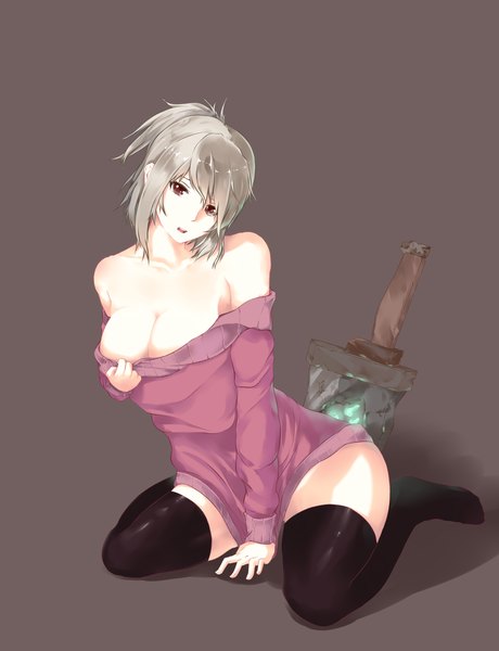 Anime picture 2300x3000 with league of legends riven (league of legends) bbayu single tall image looking at viewer highres short hair light erotic simple background bare shoulders brown eyes grey hair dark background girl thighhighs weapon black thighhighs sword sweater