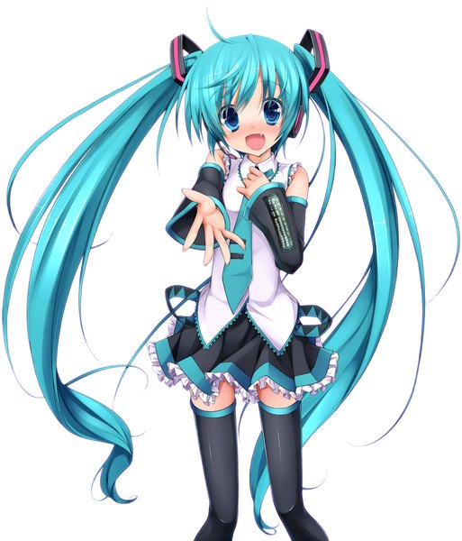 Anime picture 1024x1197 with vocaloid hatsune miku lucie eto single long hair tall image blush open mouth blue eyes simple background white background twintails aqua hair girl thighhighs black thighhighs detached sleeves necktie