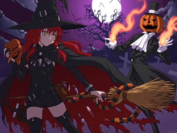 Anime picture 1280x960 with original iga tomoteru long hair yellow eyes red hair nail polish torn clothes halloween witch girl animal bracelet book (books) moon cloak mask witch hat full moon candy bridal gauntlets