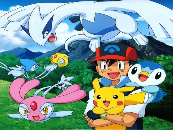 Anime picture 1024x768 with pokemon nintendo pikachu piplup ash ketchum lugia uxie mesprit azelf short hair open mouth black hair animal ears black eyes mountain gen 1 pokemon gen 2 pokemon gen 4 pokemon boy plant (plants)
