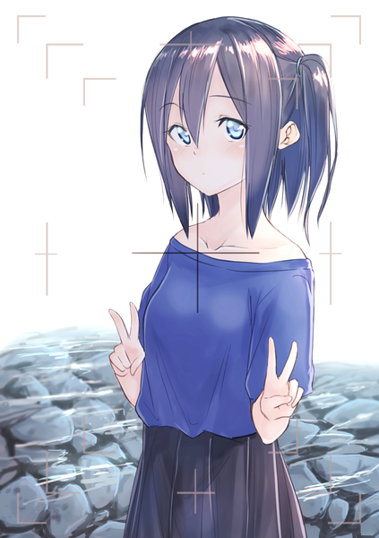 Anime picture 846x1200 with original suzunari shizuku yuki arare single tall image looking at viewer blush fringe short hair blue eyes black hair hair between eyes standing bare shoulders payot outdoors off shoulder one side up victory girl