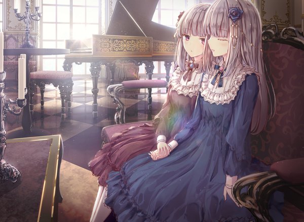 Anime picture 2072x1515 with original missle228 long hair blush fringe highres open mouth sitting multiple girls payot looking away indoors blunt bangs eyes closed long sleeves pink eyes hair flower sunlight arm support holding hands