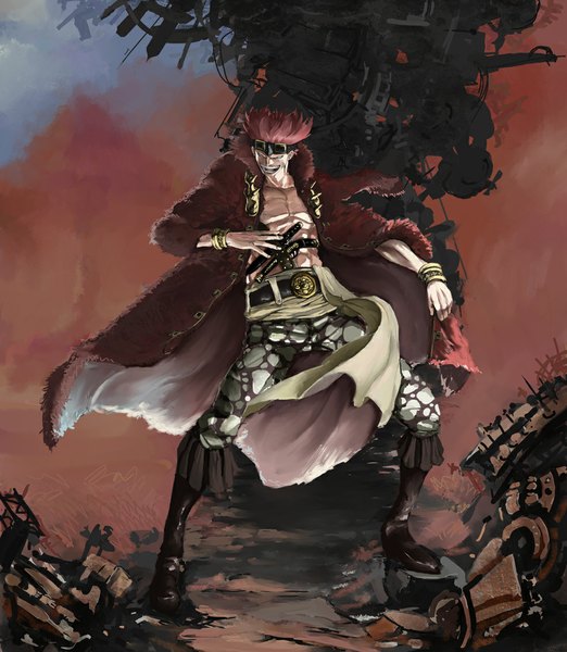 Anime picture 983x1129 with one piece toei animation eustass kid iridori single tall image short hair open mouth smile red hair boy weapon bracelet belt gun knee boots coat goggles
