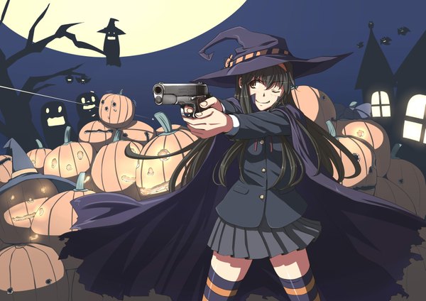 Anime picture 3541x2507 with original odamki single long hair highres black hair smile absurdres one eye closed wink black eyes halloween witch girl thighhighs skirt weapon gun moon witch hat