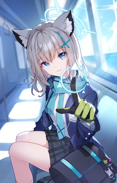 Anime picture 1800x2825 with blue archive shiroko (blue archive) bison cangshu single tall image looking at viewer fringe highres short hair blue eyes hair between eyes sitting animal ears sky grey hair train interior girl gloves uniform school uniform