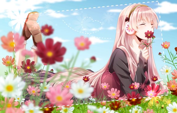 Anime picture 2149x1377 with vocaloid megurine luka tsujiori single highres pink hair sky cloud (clouds) lying eyes closed long sleeves very long hair framed heart of string girl skirt flower (flowers) bow ribbon (ribbons) socks