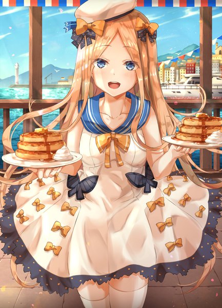 Anime picture 1560x2160 with fate (series) fate/grand order abigail williams (fate) torottye single long hair tall image looking at viewer blush fringe open mouth blue eyes blonde hair smile holding payot sky outdoors :d sleeveless