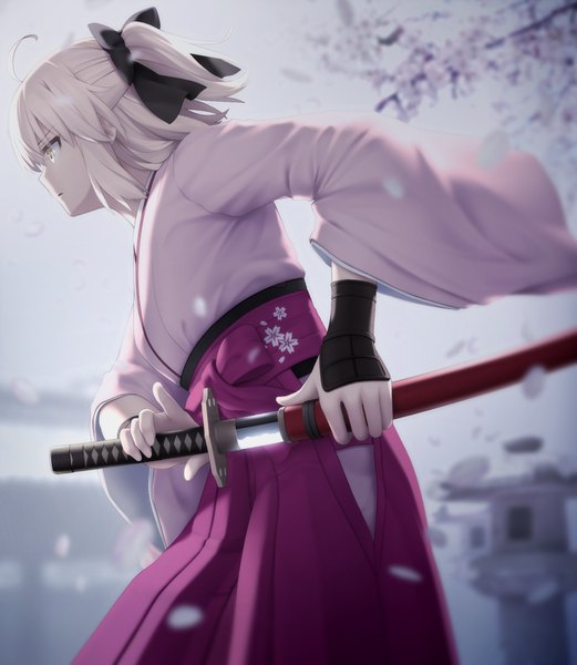 Anime picture 825x949 with fate (series) fate/grand order okita souji (fate) (all) okita souji (koha-ace) haribote (tarao) single tall image fringe short hair blonde hair holding yellow eyes looking away sky ahoge long sleeves traditional clothes parted lips japanese clothes profile