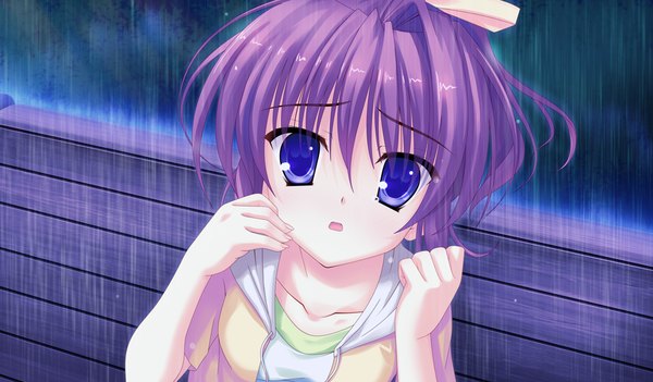 Anime picture 1024x600 with tsukumonotsuki long hair blue eyes wide image game cg purple hair ponytail rain girl