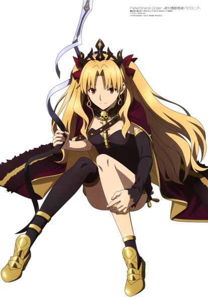 Anime picture 4087x5924 with fate (series) fate/grand order megami magazine ereshkigal (fate) aquastar inc. single long hair tall image looking at viewer fringe highres simple background blonde hair red eyes sitting holding payot absurdres full body bent knee (knees)