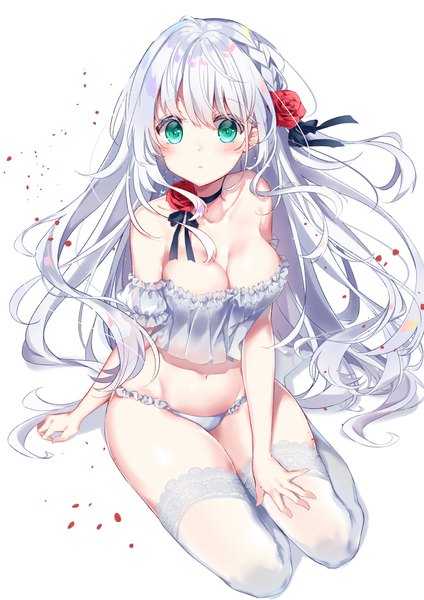 Anime picture 1500x2121 with original kisaragi yuri single long hair tall image looking at viewer blush fringe breasts open mouth light erotic simple background hair between eyes large breasts white background sitting bare shoulders cleavage silver hair full body