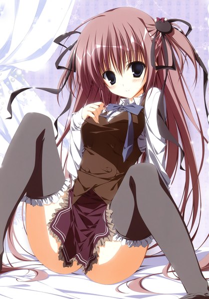 Anime picture 2446x3500 with inugami kira single long hair tall image looking at viewer blush highres blue eyes light erotic brown hair scan two side up pantyshot pantyshot sitting girl thighhighs skirt uniform underwear panties