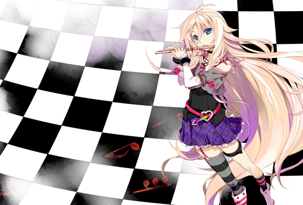 Anime picture 1920x1300 with vocaloid exit tunes ia (vocaloid) fujima takuya single long hair highres blue eyes blonde hair checkered background girl thighhighs dress striped thighhighs musical instrument flute