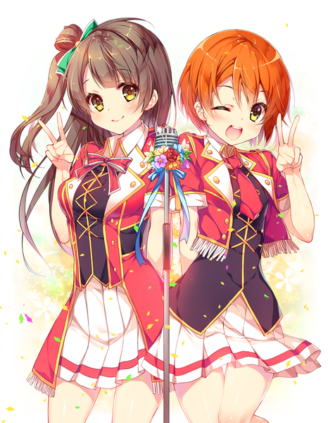 Anime picture 933x1200 with love live! school idol project sunrise (studio) love live! minami kotori hoshizora rin miwabe sakura long hair tall image looking at viewer blush fringe short hair open mouth simple background smile hair between eyes brown hair standing white background multiple girls