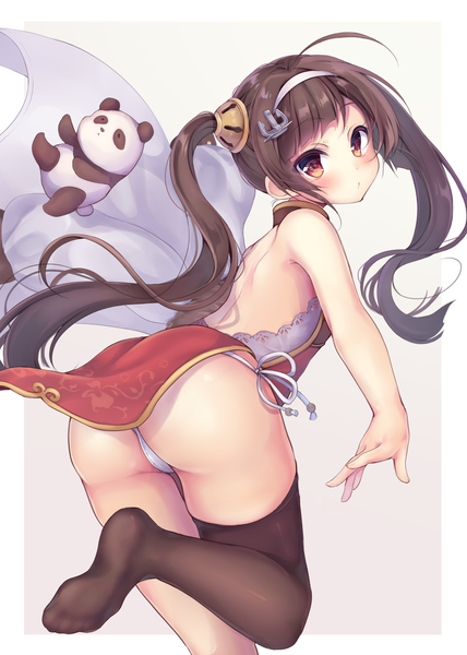 Anime picture 1000x1402 with azur lane ping hai (azur lane) momoirone single long hair tall image blush light erotic simple background red eyes brown hair ahoge ass traditional clothes grey background turning head border chinese clothes girl thighhighs