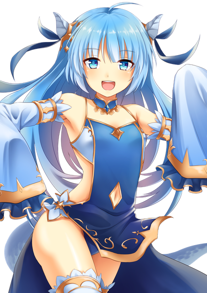 Anime picture 2976x4209 with king's raid lilia (king's raid) ositi0528 single long hair tall image looking at viewer blush fringe highres open mouth blue eyes light erotic smile standing bare shoulders payot blue hair ahoge :d