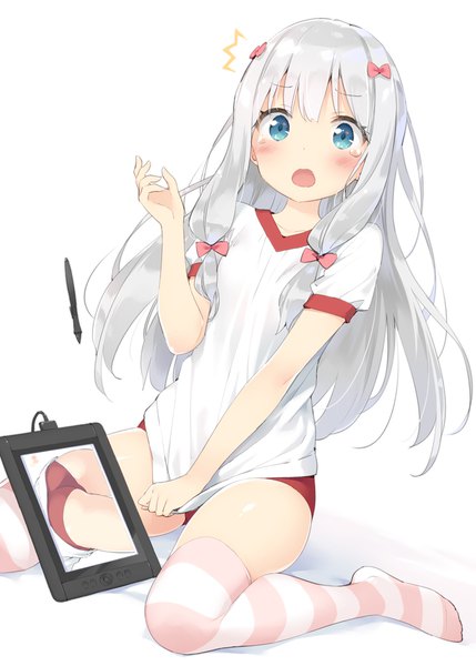 Anime picture 715x1000 with eromanga sensei a-1 pictures izumi sagiri kani biimu single long hair tall image looking at viewer blush fringe open mouth blue eyes light erotic simple background hair between eyes white background sitting payot silver hair short sleeves