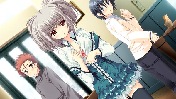 Anime picture 1280x720 with world wide love! (game) kona nako nishimata aoi short hair red eyes wide image game cg silver hair grey hair girl
