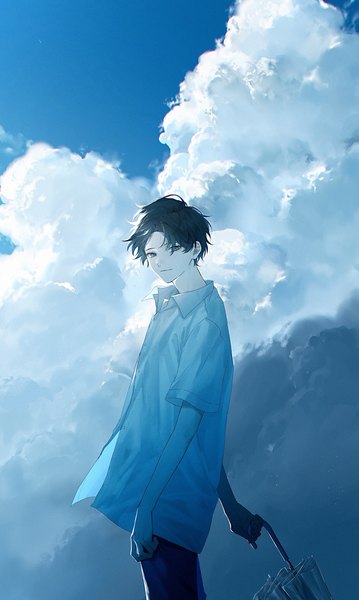 Anime picture 2447x4094 with original hama m single tall image looking at viewer highres short hair black hair standing sky cloud (clouds) outdoors black eyes closed umbrella boy umbrella