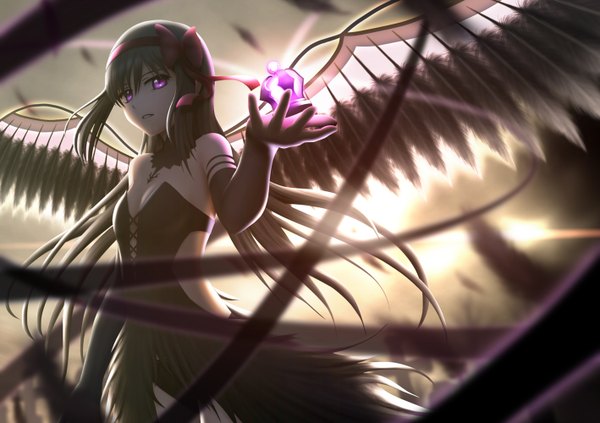 Anime picture 1418x1000 with mahou shoujo madoka magica shaft (studio) akemi homura akuma homura siraha single long hair looking at viewer breasts light erotic black hair purple eyes bare shoulders sky cleavage light smile teeth black wings girl dress