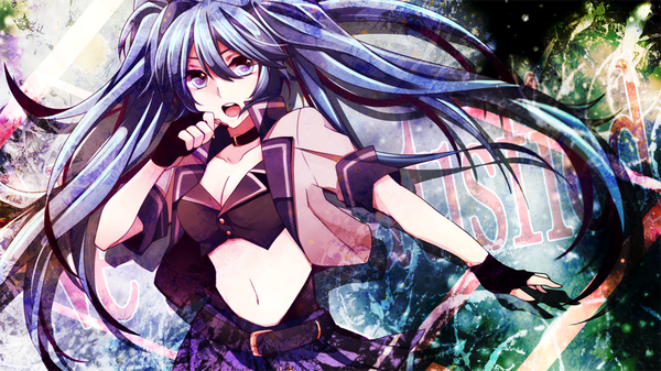 Anime picture 1000x563 with vocaloid hatsune miku manabu single long hair open mouth blue eyes wide image twintails blue hair midriff girl skirt gloves navel fingerless gloves
