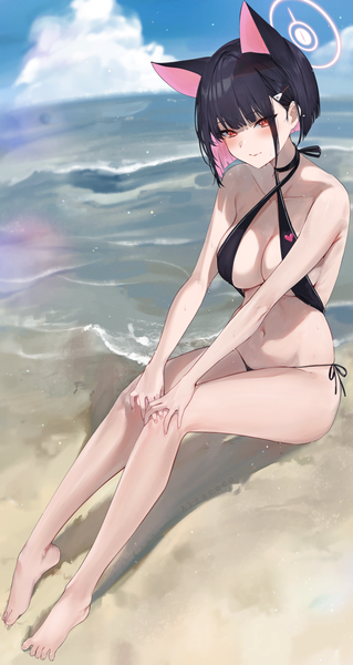 Anime picture 1065x2000 with blue archive kazusa (blue archive) alraco single tall image fringe short hair breasts light erotic black hair red eyes large breasts sitting signed animal ears looking away sky cloud (clouds) full body outdoors
