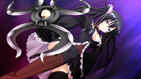 Anime picture 2560x1440 with gensou no idea shinomori rinon single long hair highres black hair smile wide image twintails game cg heterochromia girl thighhighs dress weapon black thighhighs boots
