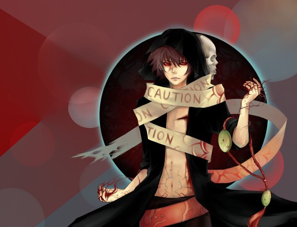 Anime picture 1280x982 with unodu single short hair red eyes brown hair open clothes boy hood blood skull caution tape