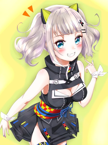 Anime picture 1294x1742 with virtual youtuber the moon studio kaguya luna l mi single tall image looking at viewer blush fringe short hair breasts blue eyes light erotic simple background smile standing twintails animal ears payot cleavage