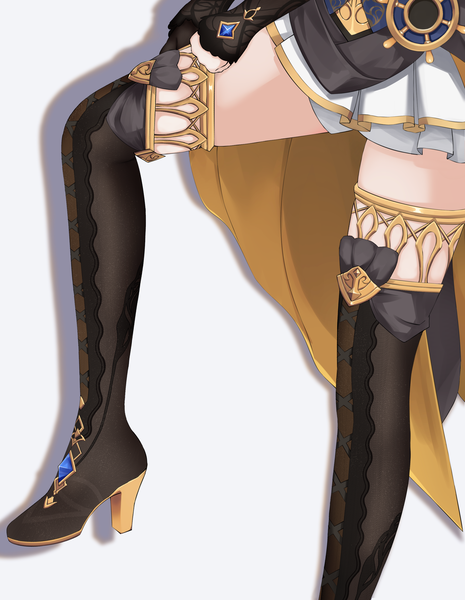 Anime picture 2303x2974 with genshin impact navia (genshin impact) sylux single tall image highres light erotic simple background white background shadow high heels legs leg lift (legs lift) head out of frame dressing girl boots thigh boots