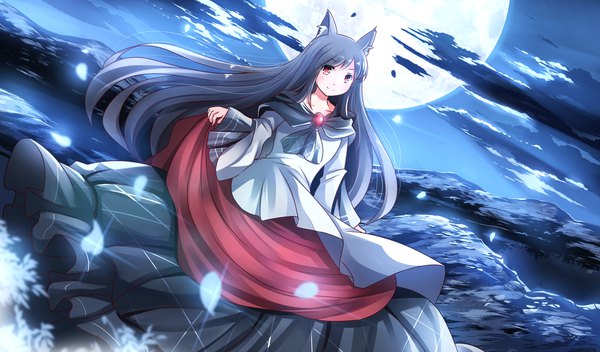 Anime picture 2136x1254 with touhou imaizumi kagerou risutaru single long hair looking at viewer blush highres black hair smile red eyes wide image standing animal ears sky cloud (clouds) outdoors night dutch angle night sky