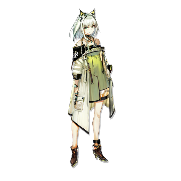 Anime picture 2048x2048 with arknights kal'tsit (arknights) yui (niikyouzou) single looking at viewer fringe highres short hair hair between eyes standing holding green eyes animal ears silver hair full body official art high heels transparent background oripathy lesion (arknights) girl