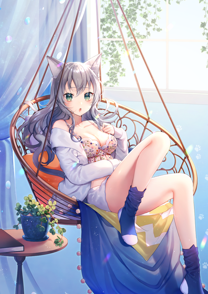 Anime picture 917x1296 with original momoshiki tsubaki single long hair tall image looking at viewer blush fringe breasts open mouth light erotic hair between eyes sitting green eyes animal ears cleavage bent knee (knees) indoors tail animal tail