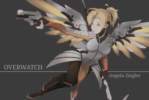 Anime picture 6007x4060 with overwatch blizzard entertainment mercy (overwatch) zuosi zhichu single highres short hair blue eyes simple background blonde hair looking away absurdres ponytail grey background copyright name character names outstretched arm mechanical wings girl weapon