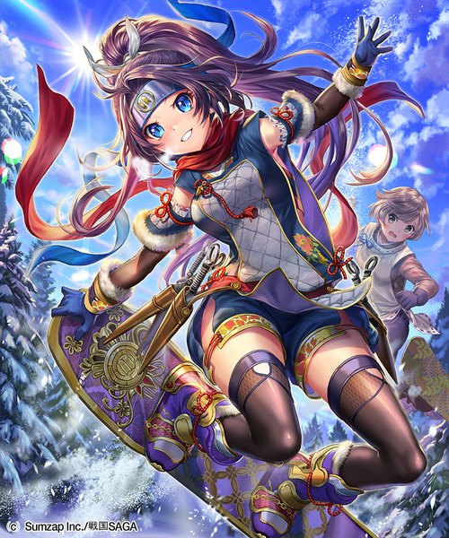 Anime picture 833x1000 with sengoku saga esphy long hair tall image looking at viewer blush short hair open mouth blue eyes smile brown hair multiple girls brown eyes sky purple hair cloud (clouds) full body bent knee (knees) outdoors ponytail