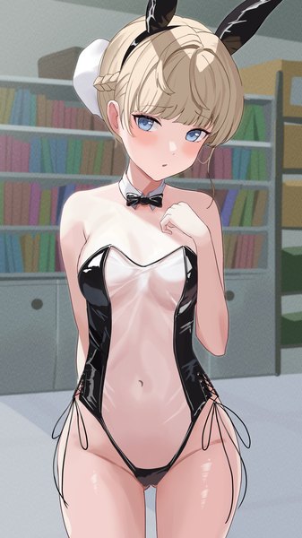 Anime picture 1296x2304 with blue archive toki (blue archive) grayllust single tall image looking at viewer fringe short hair breasts open mouth blue eyes light erotic blonde hair standing animal ears braid (braids) arm up :o bunny ears groin