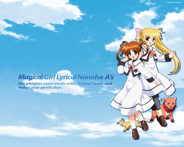 Anime picture 1280x1024 with mahou shoujo lyrical nanoha fate testarossa takamachi nanoha okuda yasuhiro long hair looking at viewer short hair open mouth blonde hair red eyes brown hair purple eyes twintails multiple girls sky cloud (clouds) full body copyright name text english