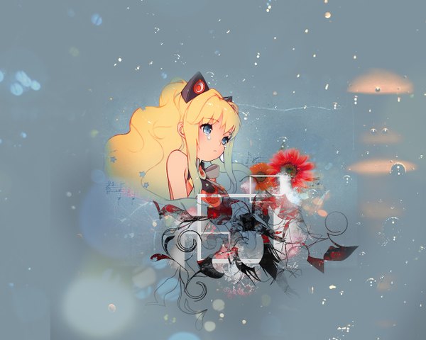 Anime picture 1280x1024 with vocaloid seeu kkuem single long hair blue eyes blonde hair animal ears cat ears grey background grey eyes tears wavy hair outline girl flower (flowers) star (symbol) splashes musical note speakers