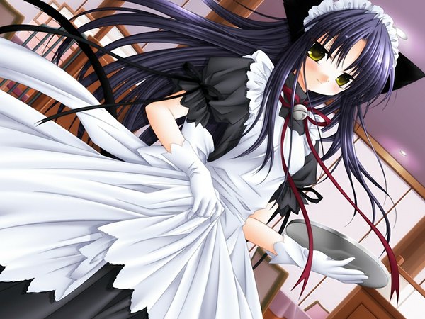 Anime picture 1024x768 with pure pure tobari black hair yellow eyes game cg maid cat girl girl