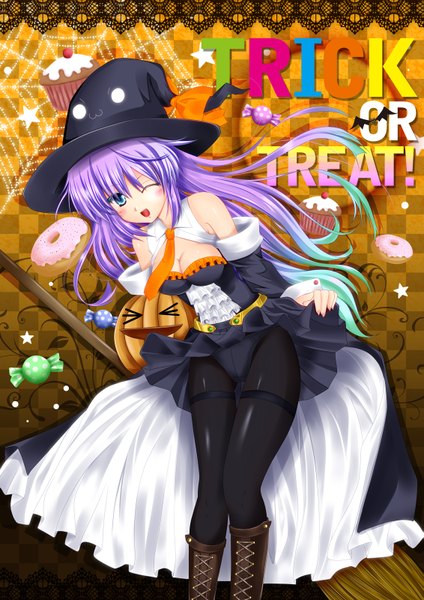 Anime picture 1131x1600 with original fule long hair tall image blush open mouth blue eyes light erotic purple hair one eye closed wink halloween checkered background trick or treat girl underwear panties hat pantyhose necktie