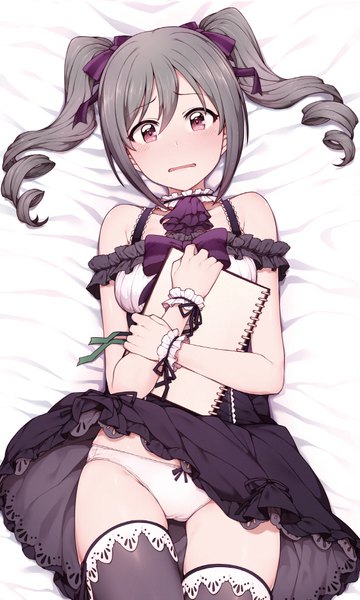 Anime picture 570x950 with idolmaster idolmaster cinderella girls kanzaki ranko jp06 single long hair tall image looking at viewer blush fringe open mouth light erotic hair between eyes red eyes twintails payot lying from above grey hair on back