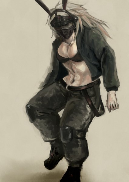 Anime picture 1604x2265 with dorohedoro mappa nikaidou (dorohedoro) nisidu (artist) long hair tall image breasts light erotic simple background large breasts bunny ears girl navel jacket belt pants mask bikini top