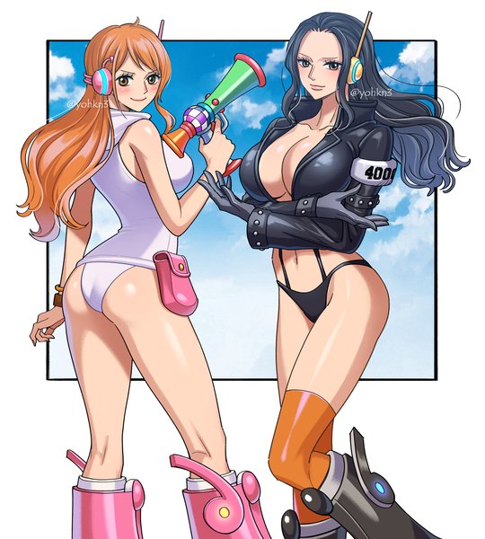 Anime picture 1800x2000 with one piece toei animation nami (one piece) nico robin youkan (tako) long hair tall image looking at viewer highres breasts light erotic black hair large breasts standing multiple girls sky cloud (clouds) ass orange hair orange eyes